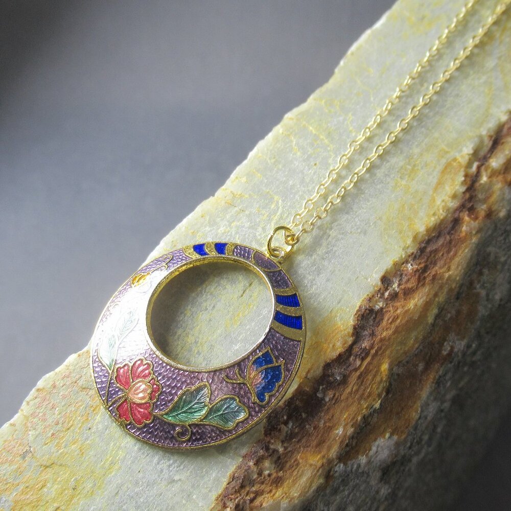 Lavender Lotus Pendant, Cloisonne Necklace Chinoiserie